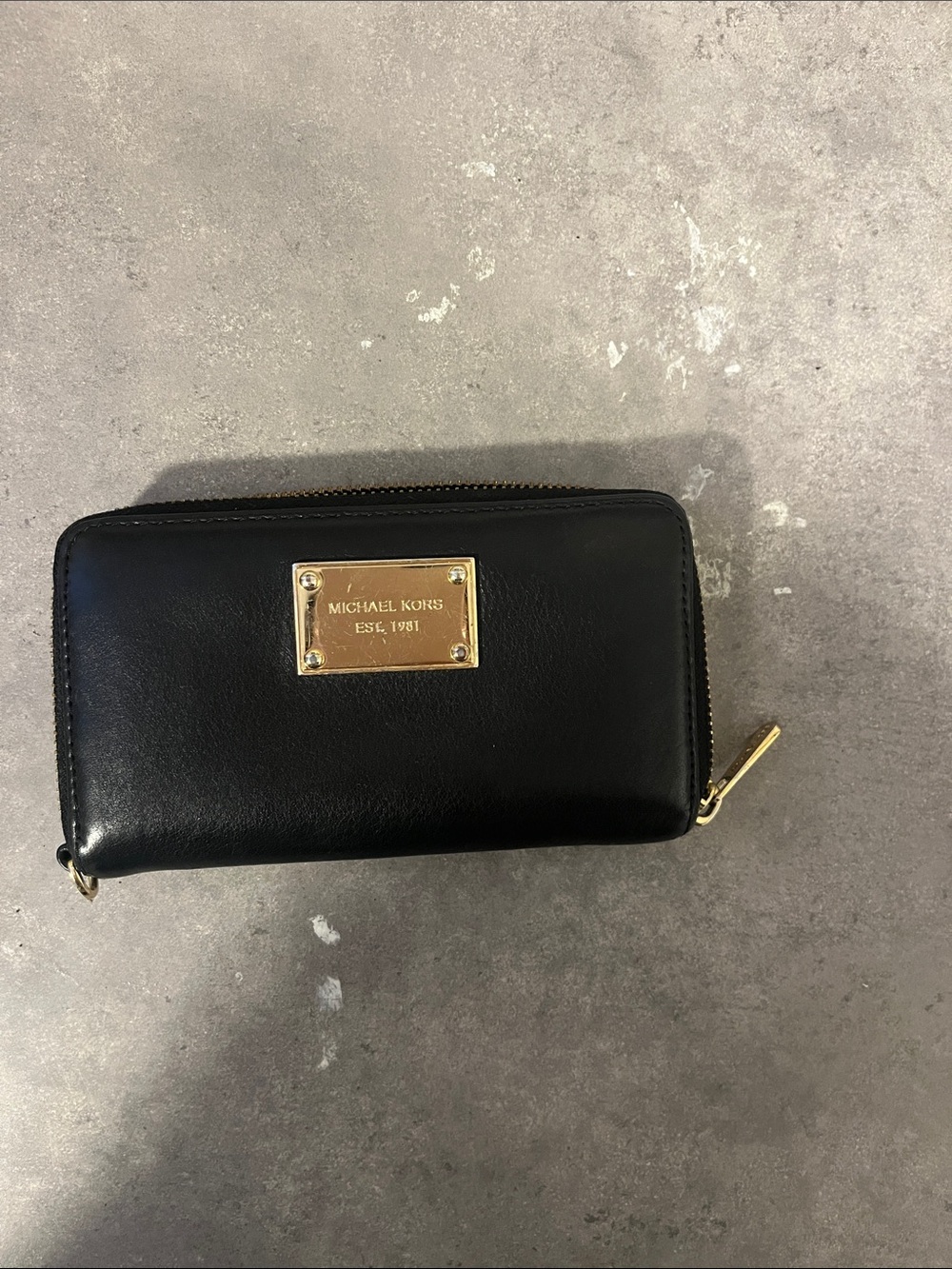 Michael Kors Black Leather Zip Wallet with Gold Plaque